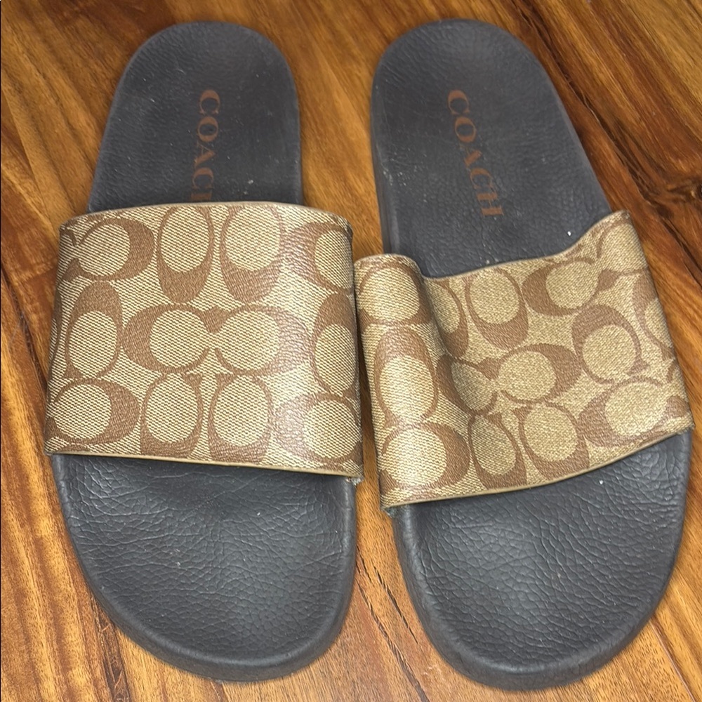 Coach Tan and Black Slide Sandals